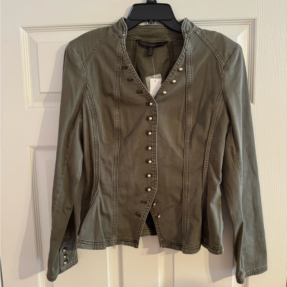 White House Black Market Button Front Peplum Jacket. Color: Forever Olive. NWT.